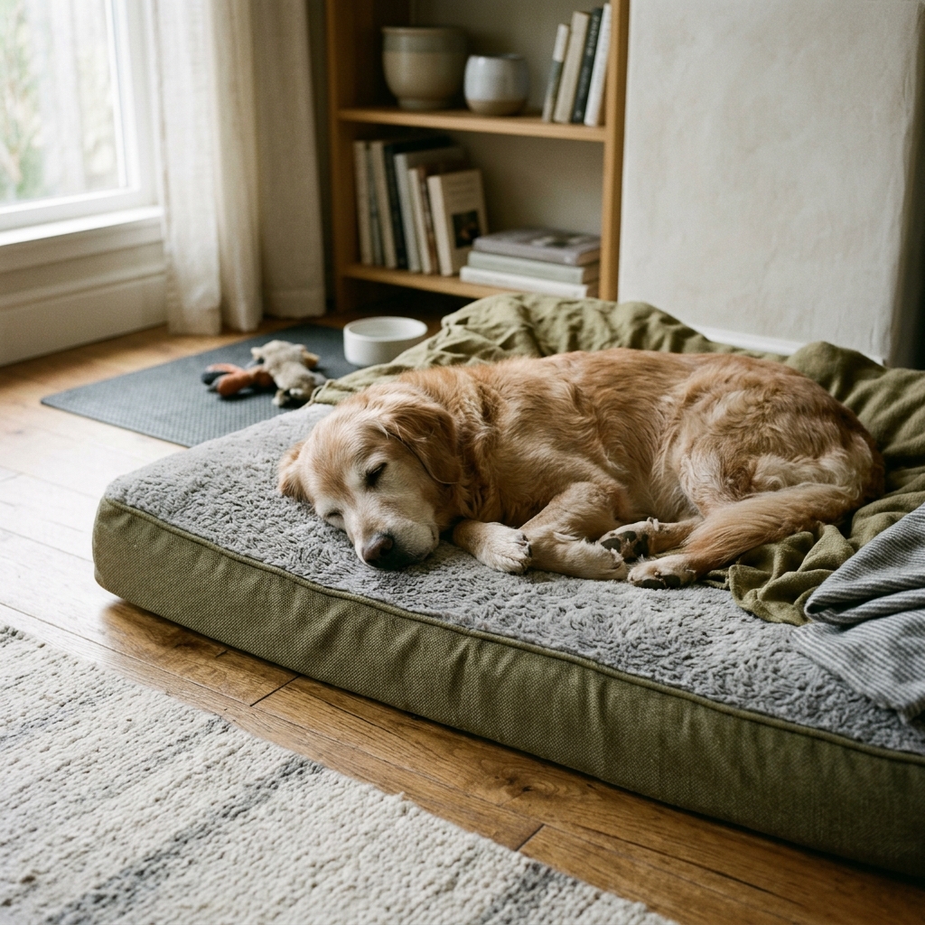 Perro anciano descansando en cama ortopédica en un entorno cálido