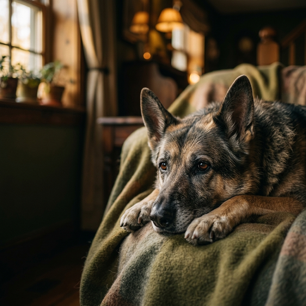 Perro anciano en reposo, mirada sabia y tranquila