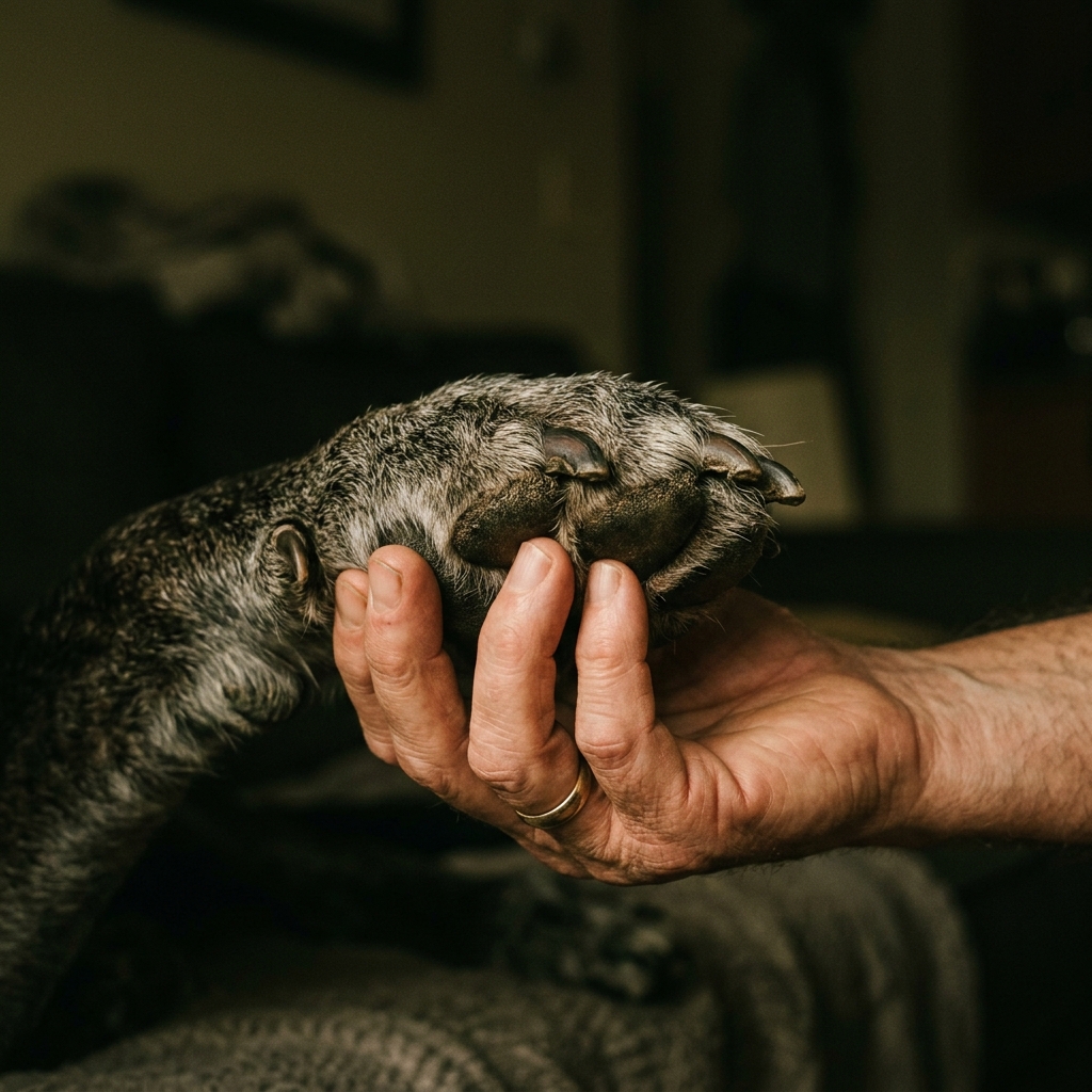 Mano sosteniendo la pata de un perro anciano