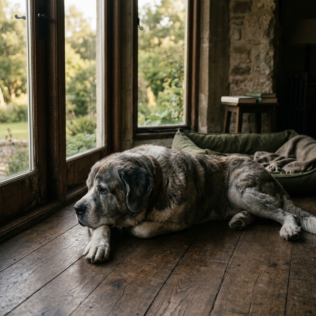 Perro grande anciano descansando junto a una ventana